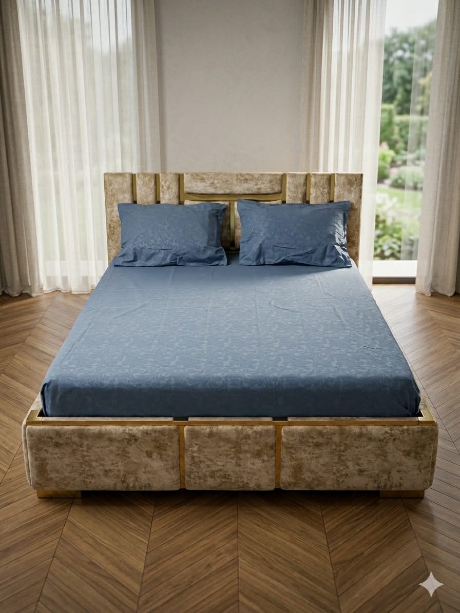 Parure; 2 Place; – bleu vanouble coton barouk |  Drap Housse ; 2 Taie d’Oreiller