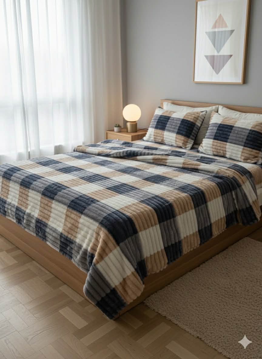 Couverture 2 Places + 2 coussin – Fausse Fourrure Lapin bleu/beige | 200 x 230 cm