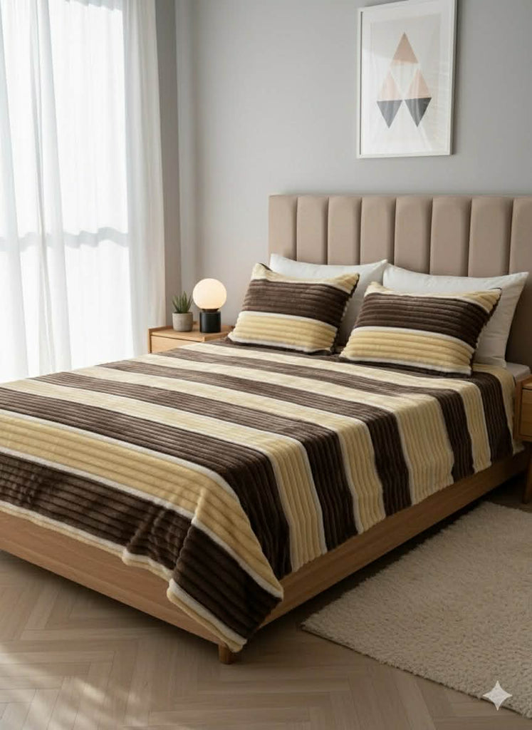 Couverture 2 Places + 2 coussin – Fausse Fourrure Lapin maron/beige | 200 x 230 cm