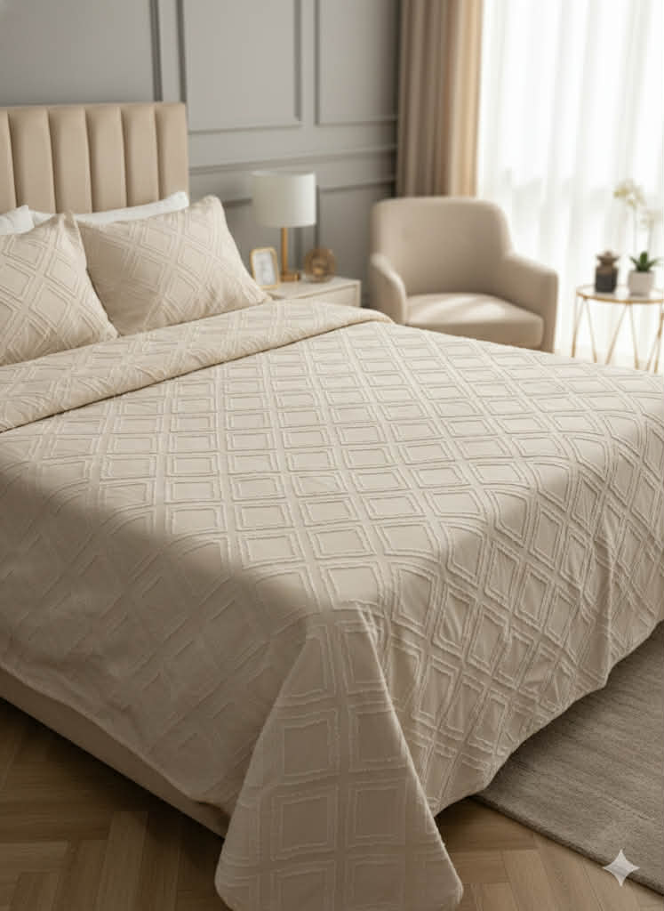 Parure; 2 Place; – beige carro | Drap, Drap Housse ; 2 Taie d’Oreiller