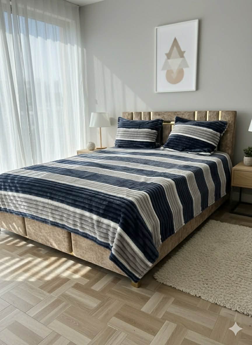 Couverture 2 Places + 2 coussin – Fausse Fourrure Lapin gris/bleu | 200 x 230 cm