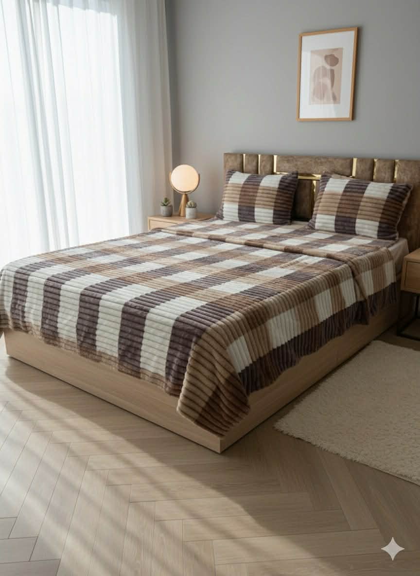 Couverture 2 Places + 2 coussin – Fausse Fourrure Lapin mouve /beige | 200 x 230 cm