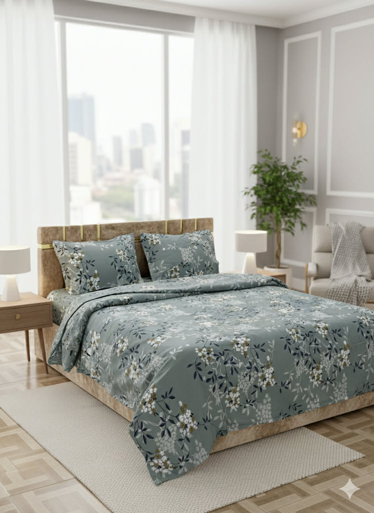 Parure 2 Place coton; – Motif Fleuri | Drap, Drap Housse ; 2 Taie d’Oreiller [ A4