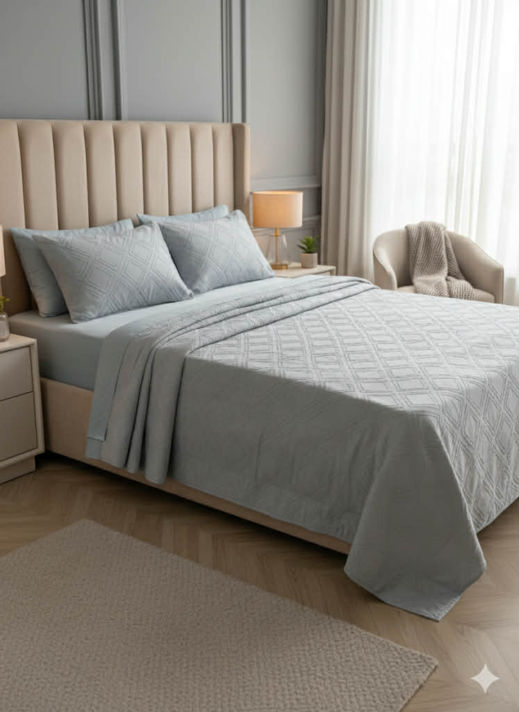 Parure; 2 Place; – gris clair carro | Drap, Drap Housse ; 2 Taie d’Oreiller