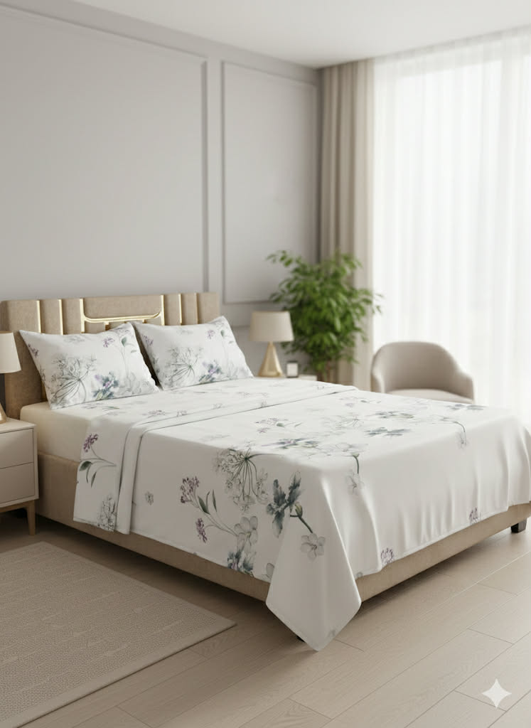 Parure 2 Place coton; – Motif Fleuri | Drap, Drap Housse ; 2 Taie d’Oreiller [ A2