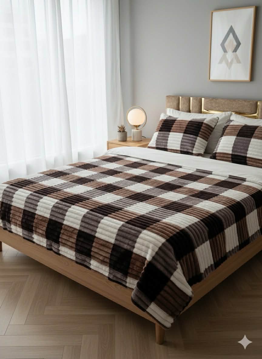 Couverture 2 Places + 2 coussin – Fausse Fourrure Lapin maroun/blanc | 200 x 230 cm