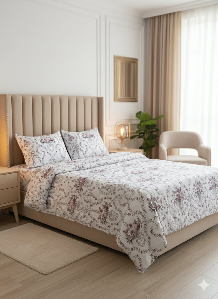 Parure 2 Place coton; – Motif Fleuri | Drap, Drap Housse ; 2 Taie d’Oreiller [ A7