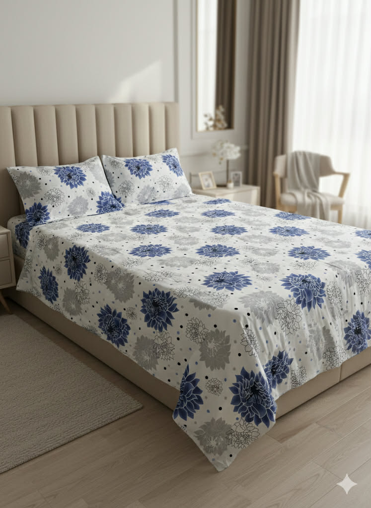 Parure 2 Place coton; – Motif Fleuri | Drap, Drap Housse ; 2 Taie d’Oreiller [ A8