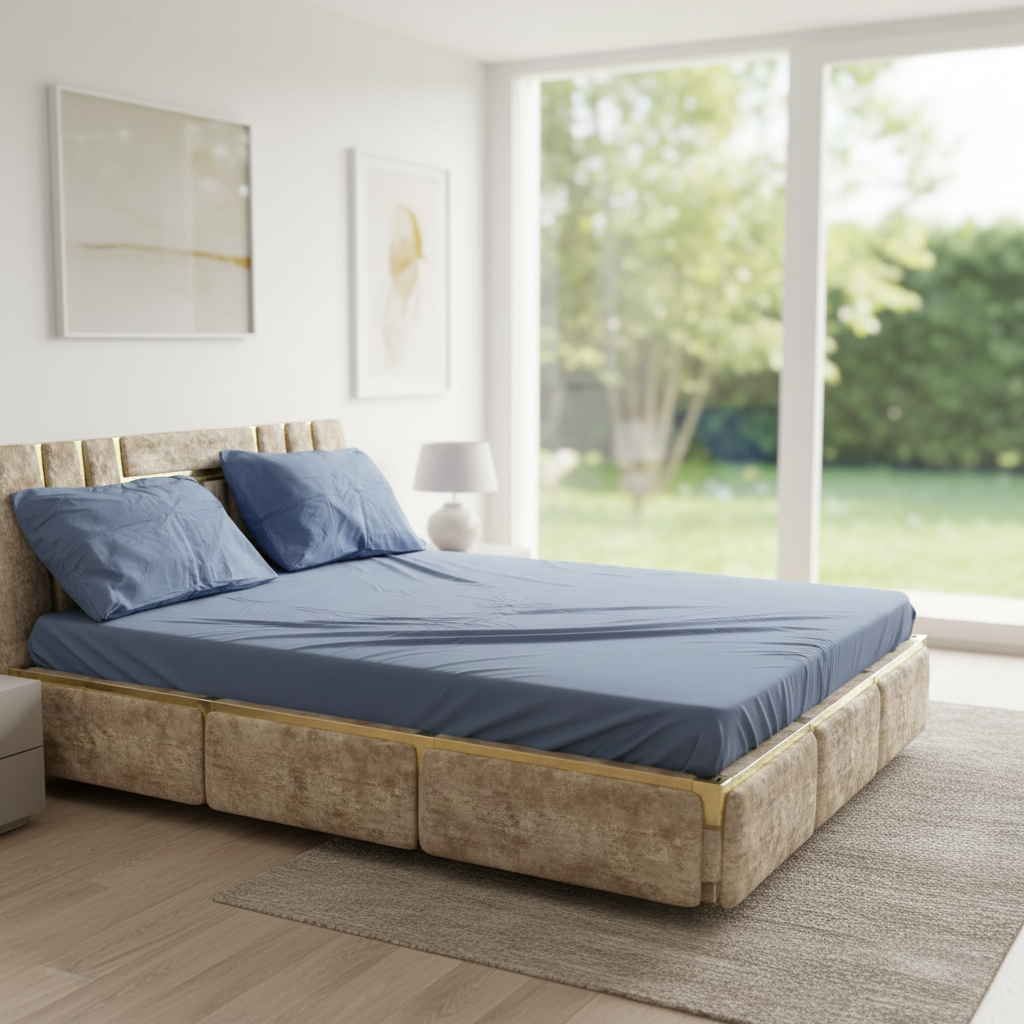 Parure; 2 Place; –  bleu coton |  Drap Housse ; 2 Taie d’Oreiller