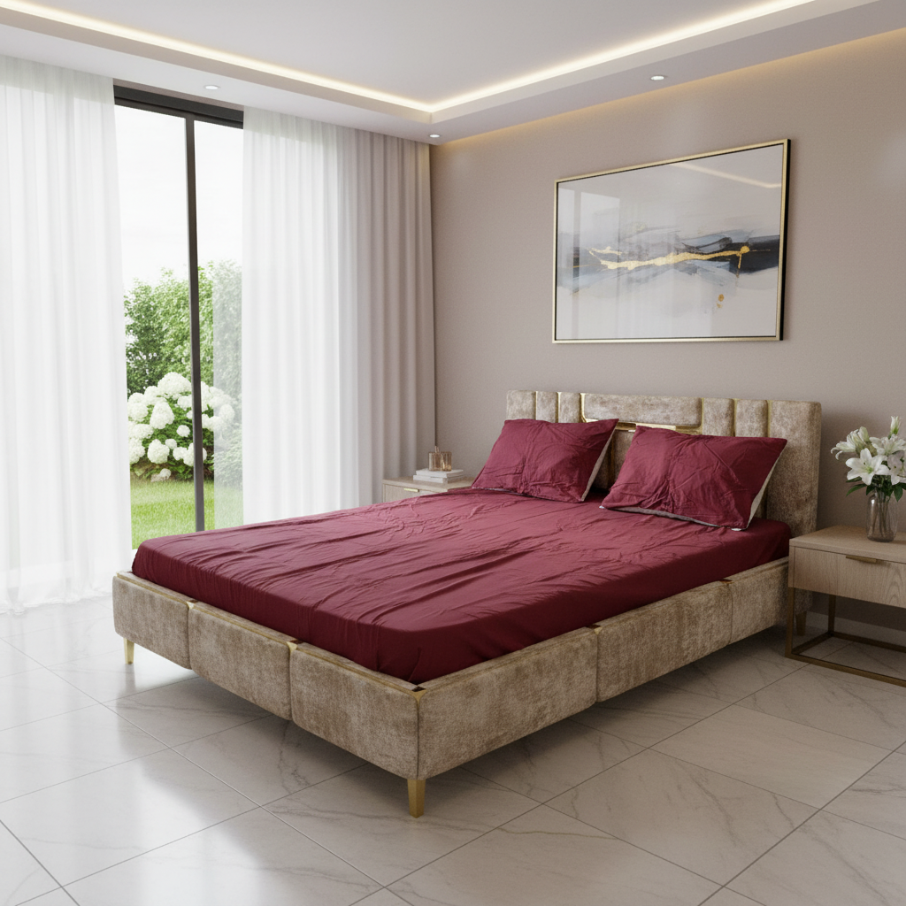 Parure; 2 Place; –  bordeau coton |  Drap Housse ; 2 Taie d’Oreiller