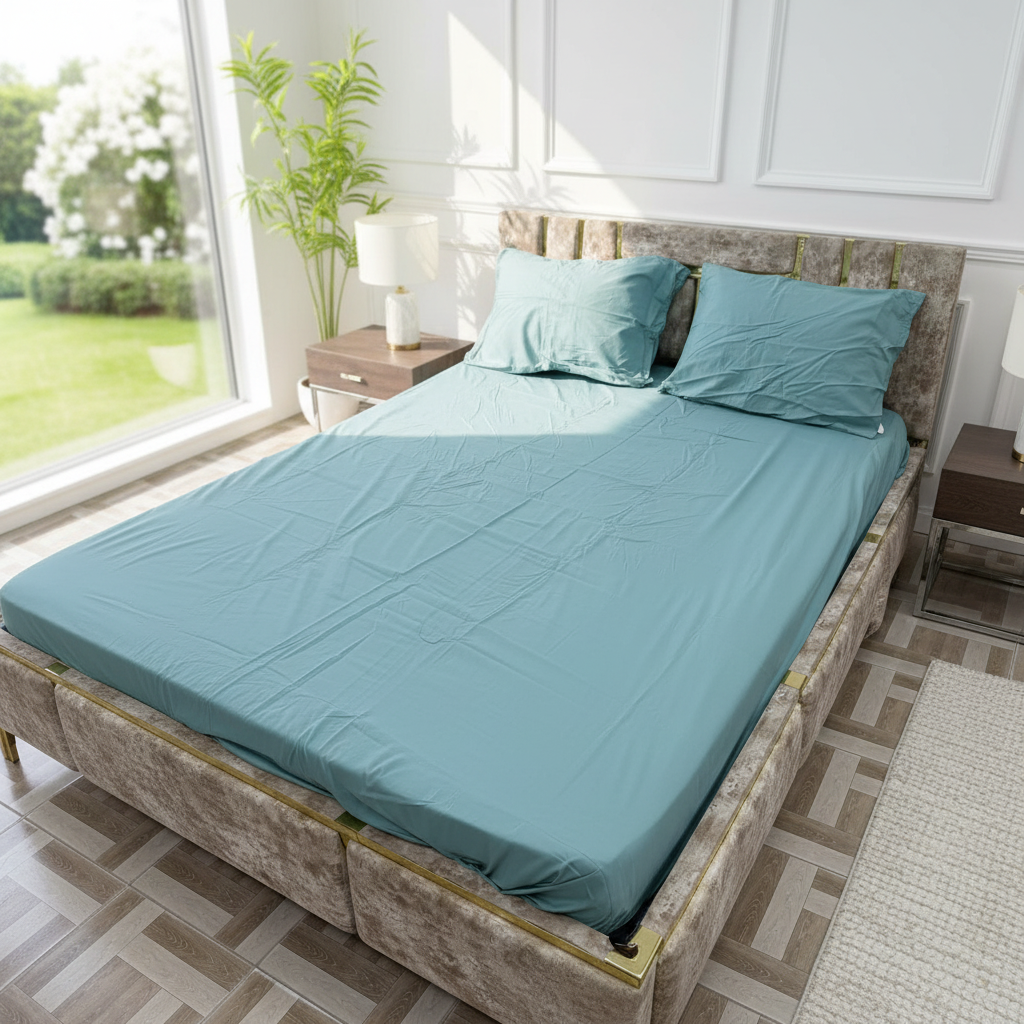 Parure; 2 Place; – vert coton |  Drap Housse ; 2 Taie d’Oreiller