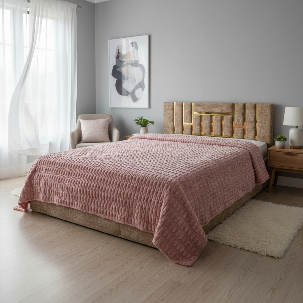 Couverture 2 Places; – Fausse Fourrure lapin somon | 200 x 230 cm