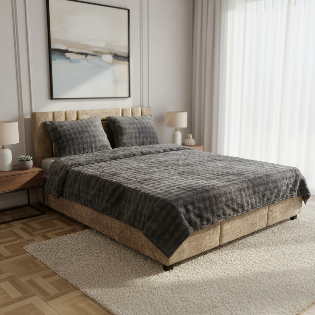 Couverture 2 Places + 2 coussin – Fausse Fourrure; polaire gris charbon | 200 x 230 cm