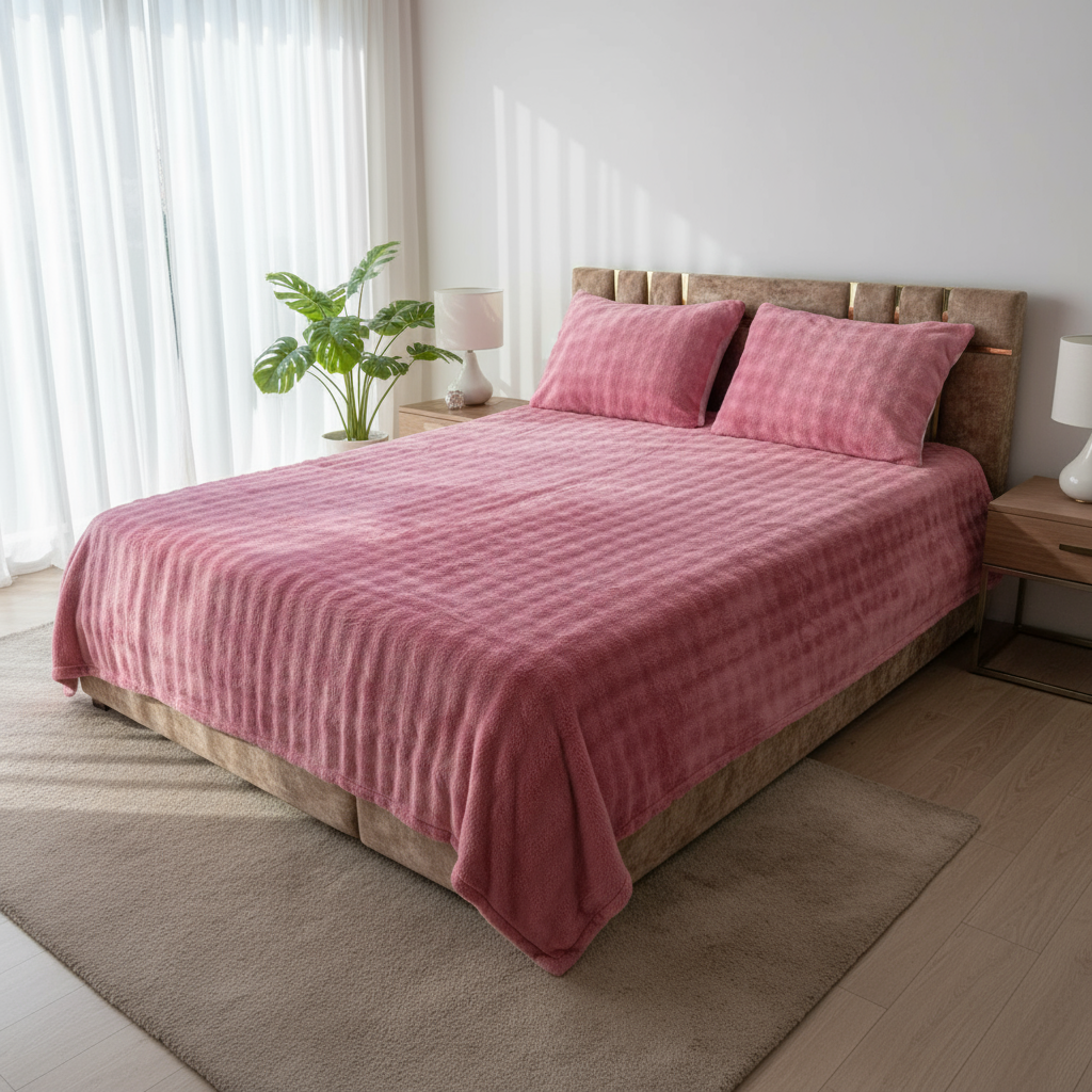 Couverture 2 Places + 2 coussin – Fausse Fourrure; polaire rose| 200 x 230 cm
