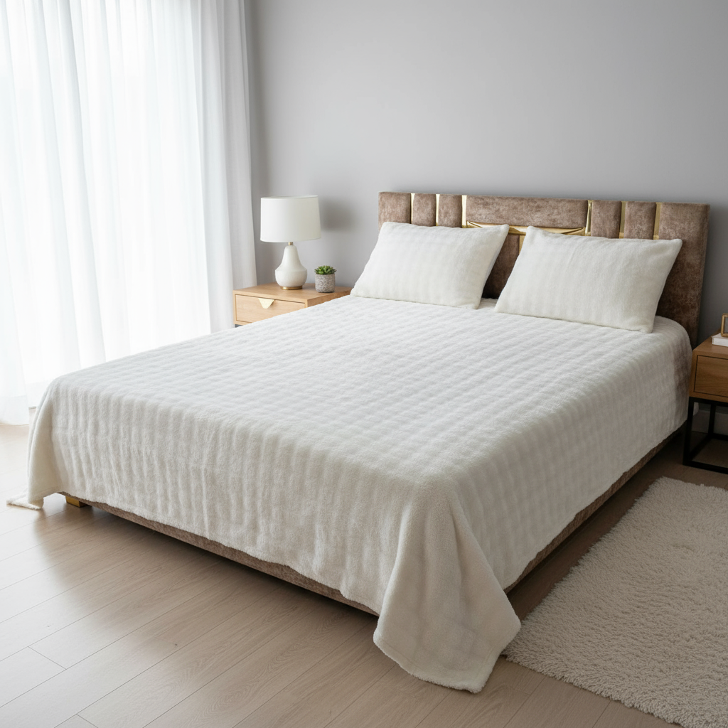 Couverture 2 Places + 2 coussin – Fausse Fourrure; polaire blanc| 200 x 230 cm