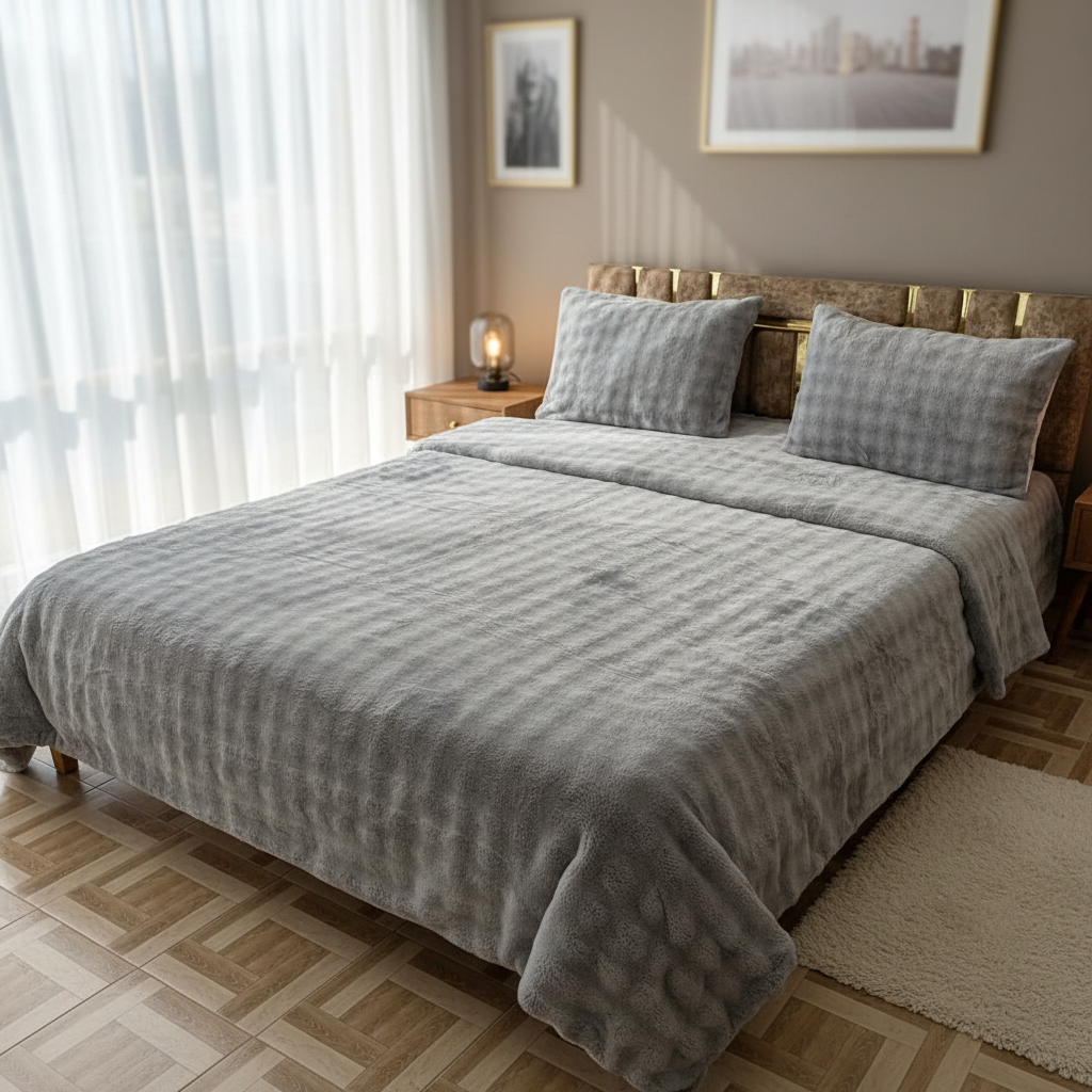 Couverture 2 Places + 2 coussin – Fausse Fourrure; polaire gris claire | 200 x 230 cm