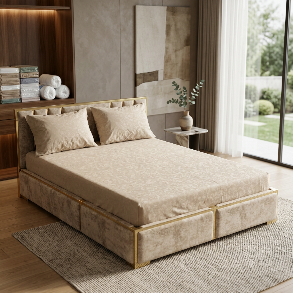 Parure; 2 Place; – beige intermidaire  vanouble coton barouk |  Drap Housse ; 2 Taie d’Oreiller