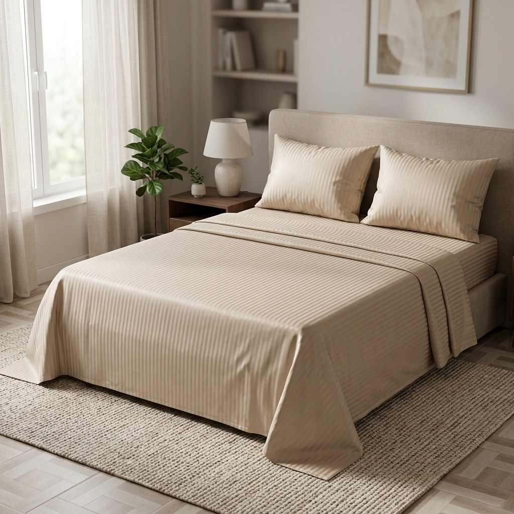 Parure 2 Places – Coton beige intermidaire rille| Drap, Drap Housse & Taies d’Oreiller -